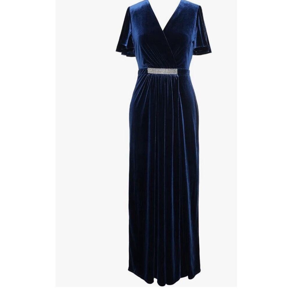 Ignite Evenings Velvet Maxi Dress Flutter Sleeve Full Length Formal Navy Blue 12